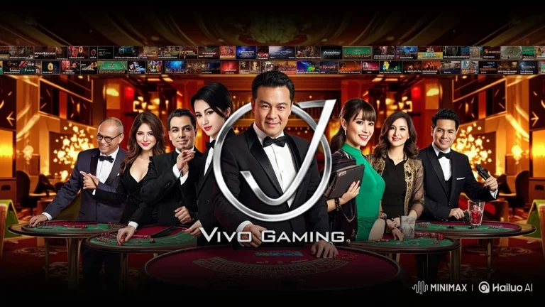 비보 게이밍(Vivo Gaming) 로고와 세계 각국의 프로페셔널 라이브 딜러들이 고급스러운 카지노 스튜디오에서 포즈를 취하고 있는 모습